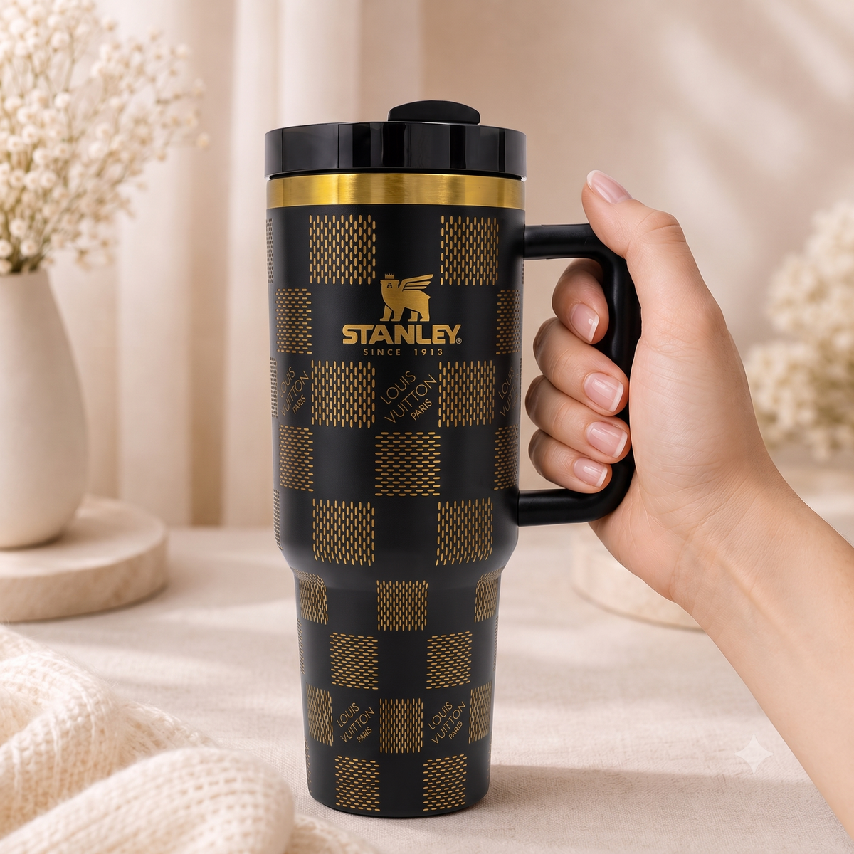 stainless steel tumbler & leak proof tumbler with handle and straw black & golden, 1200 ml