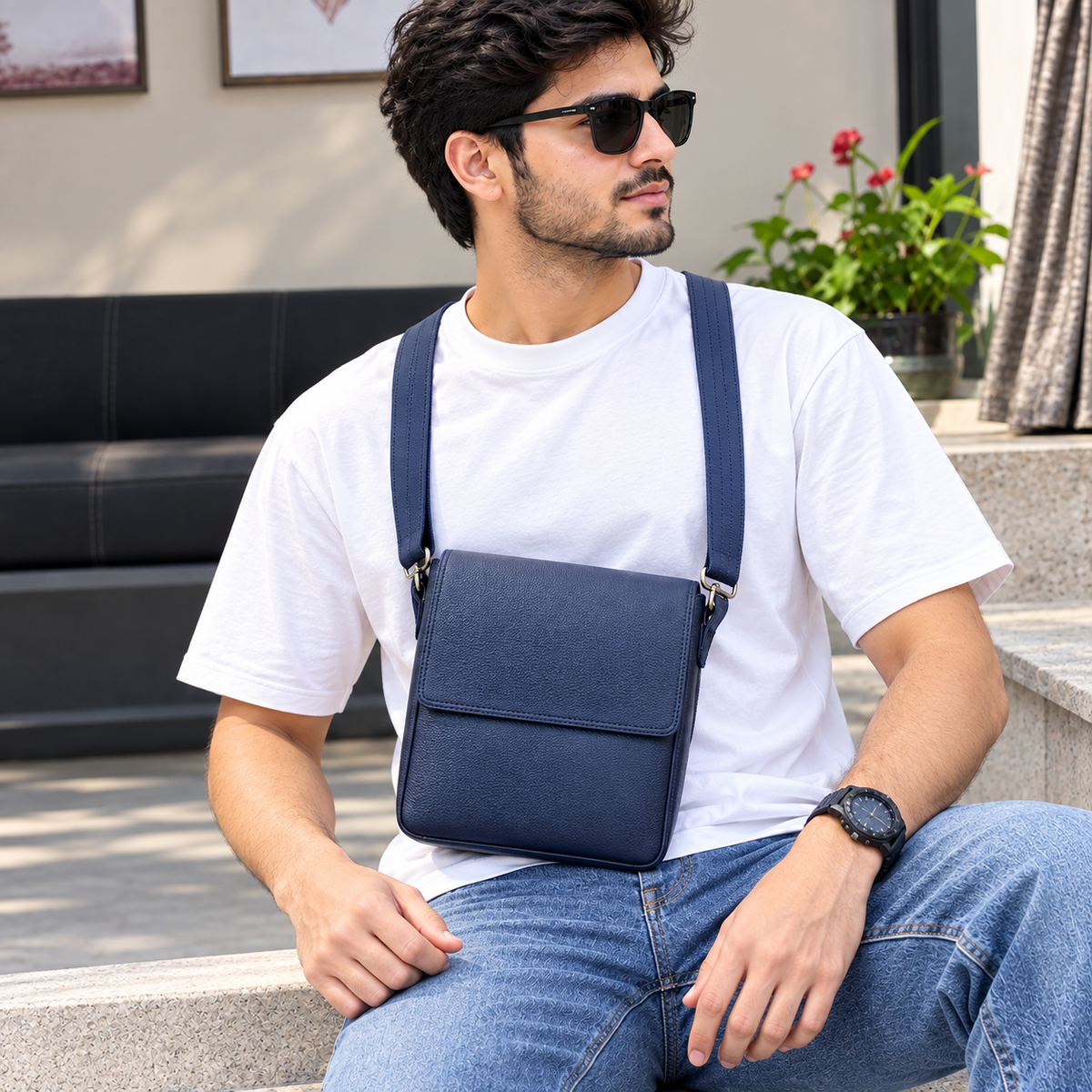 Italian Blue Leather Sling Bag