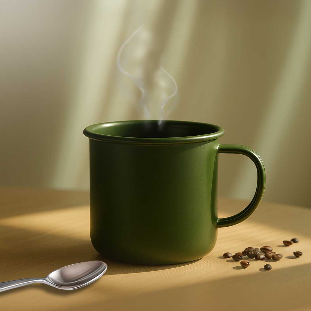 green enamel coffee mug