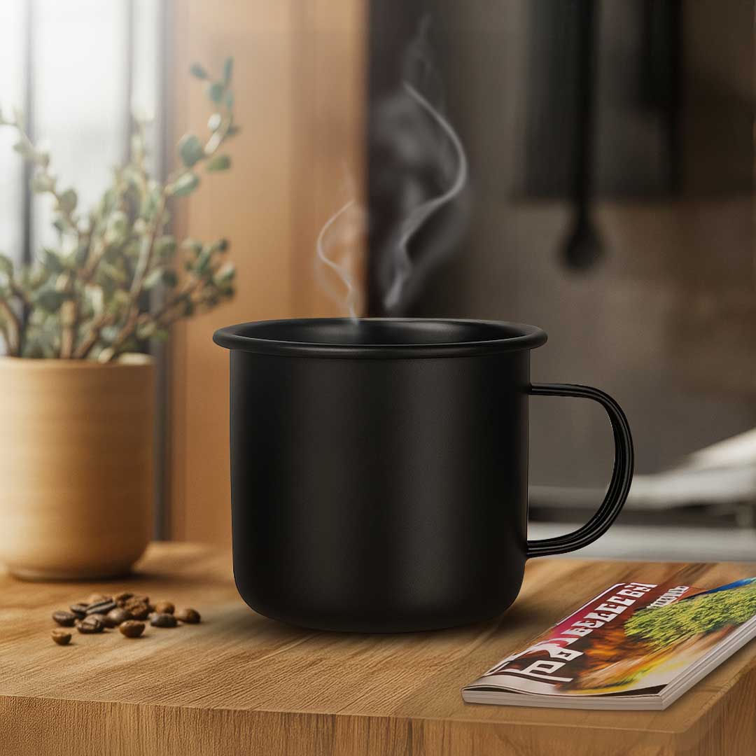 black enamel coffee mug