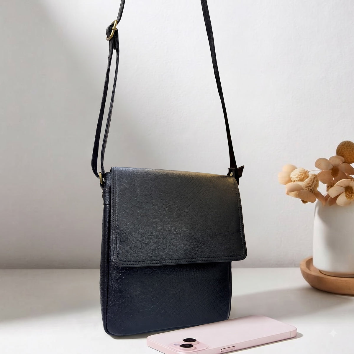 Black Leather messenger bags for men