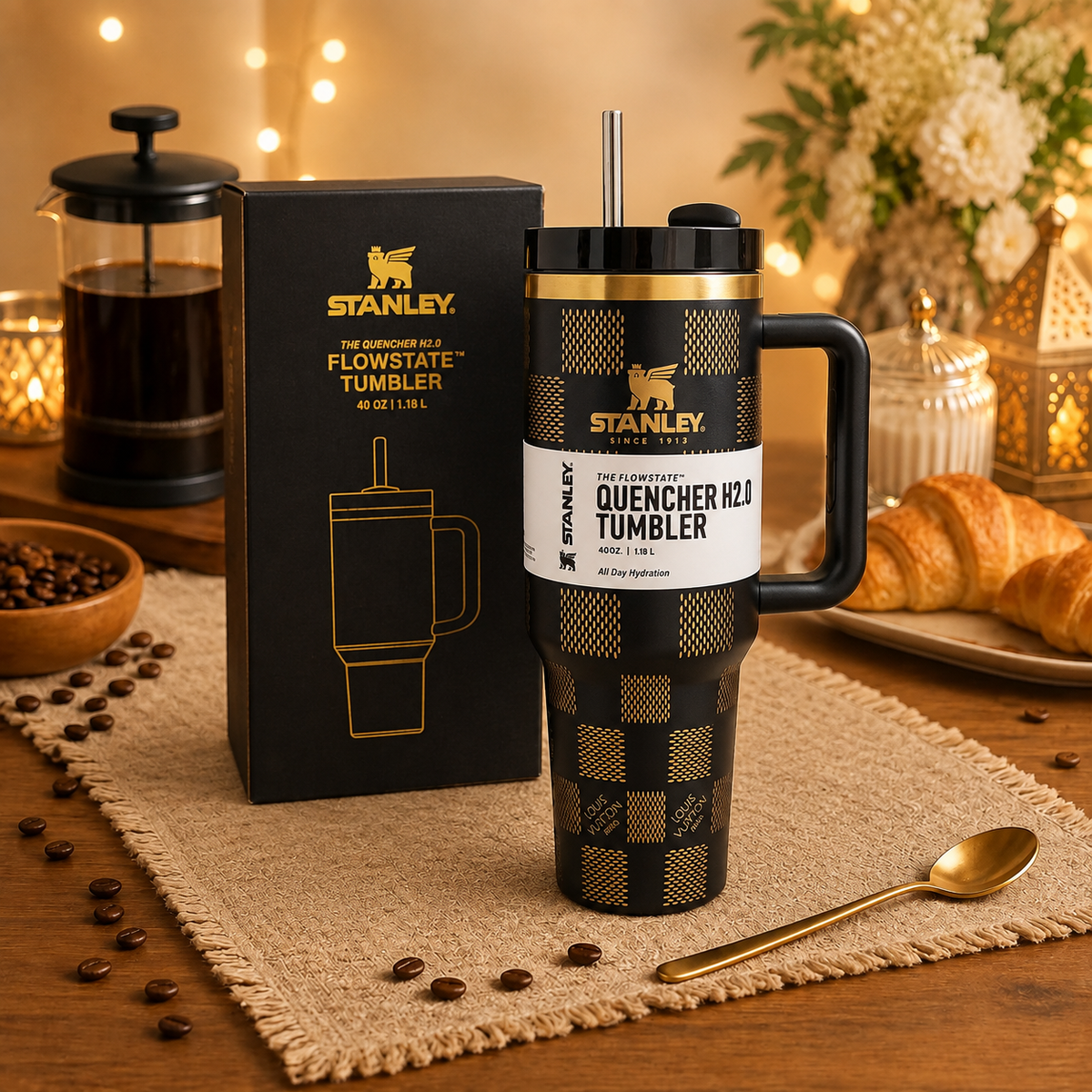 stainless steel tumbler & leak proof tumbler with handle and straw black & golden, 1200 ml